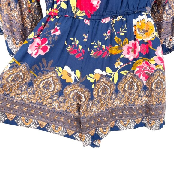 Angie Floral Off-Shoulder Boho Bell Sleeve Romper Blue Multicolor Size Medium - Picture 5 of 10